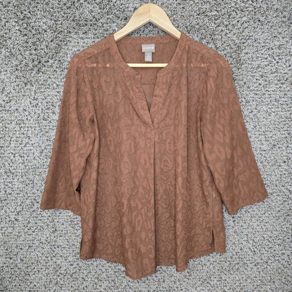 Chicos Top Womens 0 US Small Brown Textured V Neck 3/4‎ Sleeve Blouse Ladies - Picture 1 of 7